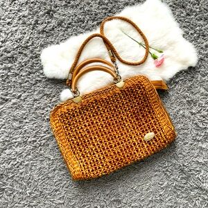 Vintage Woven Shoulder Bag in Honey Brown with Gold Accents
